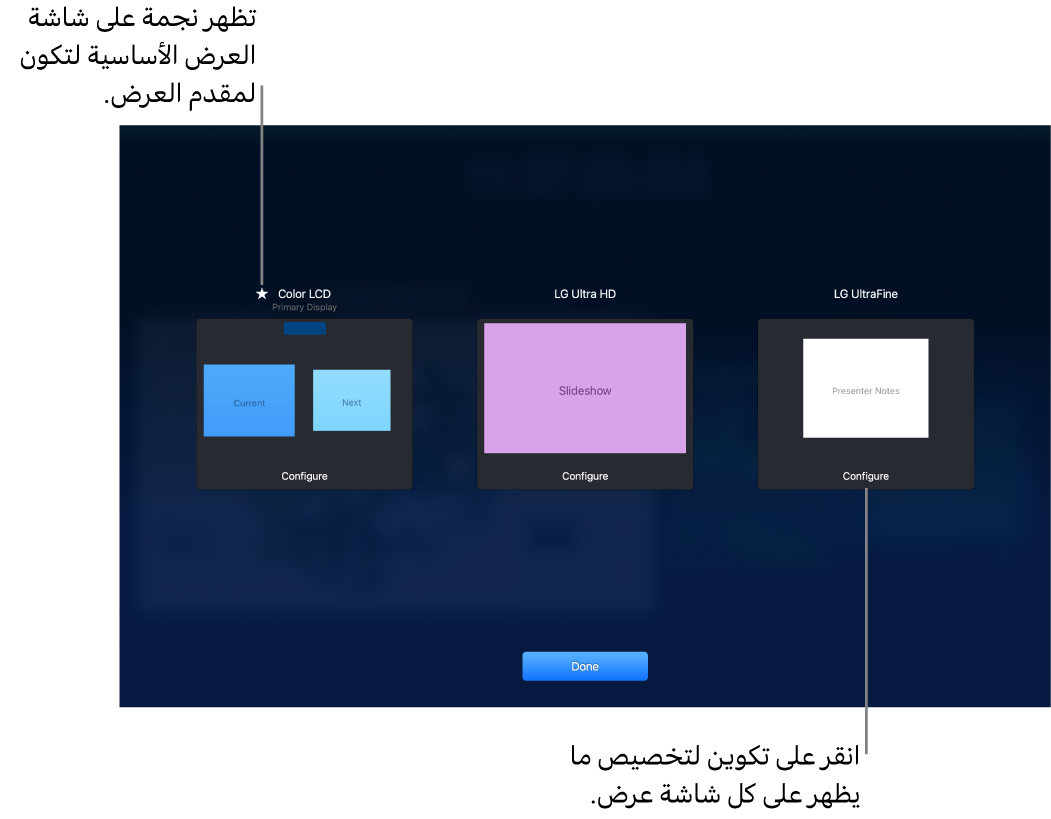 تُظهر شاشة تكوين الشاشة ثلاث صور مصغرة تمثل MacBook وشاشتي عرض خارجيتين. يظهر زر التكوين في الجزء السفلي من كل صورة مصغرة. تمت تسمية شاشة MacBook كشاشة عرض رئيسية مع نجمة بجانب اسمها. يظهر زر تم في الجزء السفلي من الشاشة.