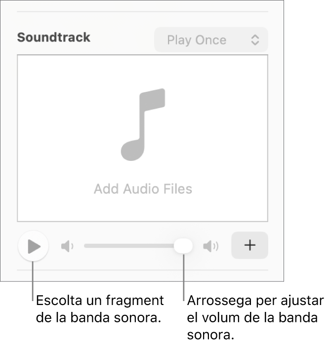 Els controls de “Banda sonora” amb el botó “Reprodueix” i el regulador de volum ressaltats.