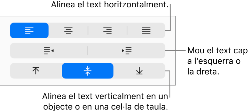 Secció Alineació del botó Format amb llegendes per als botons d’alineació de text.