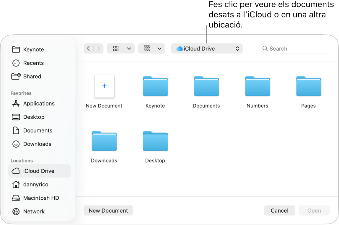 El quadre de diàleg “Obre”, amb la barra lateral oberta a l’esquerra i l’iCloud Drive seleccionat al menú desplegable de la part superior. Les carpetes del Keynote, el Numbers i el Pages apareixen al quadre de diàleg juntament amb el botó “Nou document”.