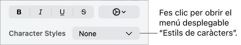 Els controls inferiors del menú emergent “Estils de caràcters” per canviar l’estil i el color del text.