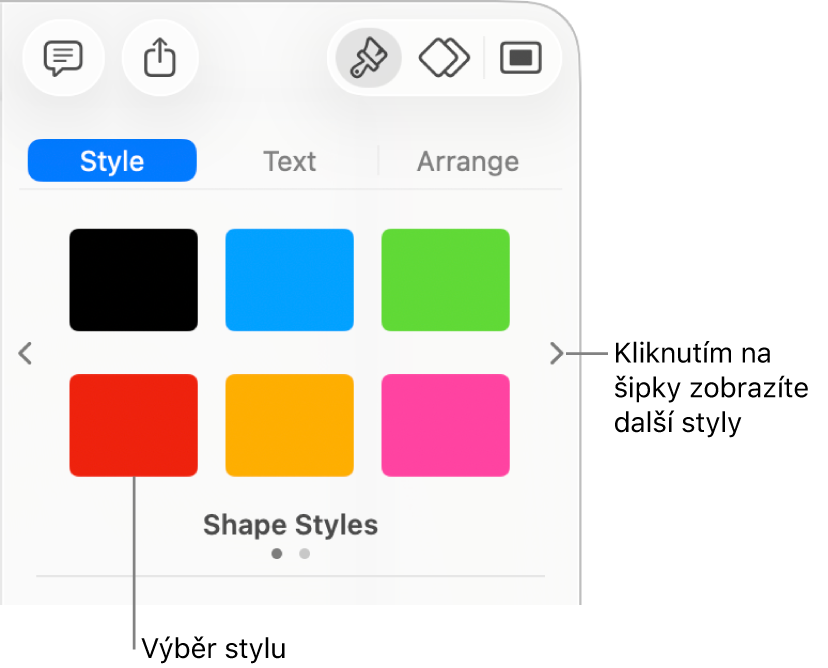 Karta Styl na bočním panelu Formát se šesti styly objektů a navigačními šipkami vlevo a vpravo