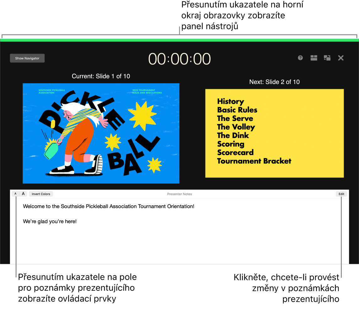 Monitor prezentujícího v aplikaci Keynote s tlačítky pro otevření a zavření navigátoru snímků a volbami zobrazení podél horního okraje obrazovky. Uprostřed obrazovky je vidět aktuální a následující snímek a pod nimi pole s poznámkami prezentujícího.