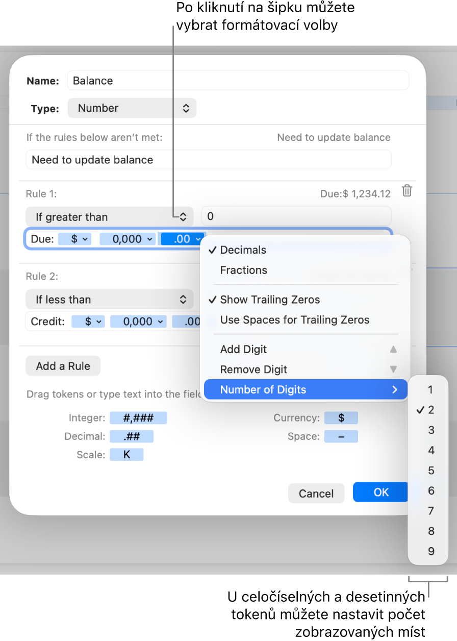 Okno vlastního formátu buněk s ovládacími prvky pro vytvoření vlastního formátu čísel