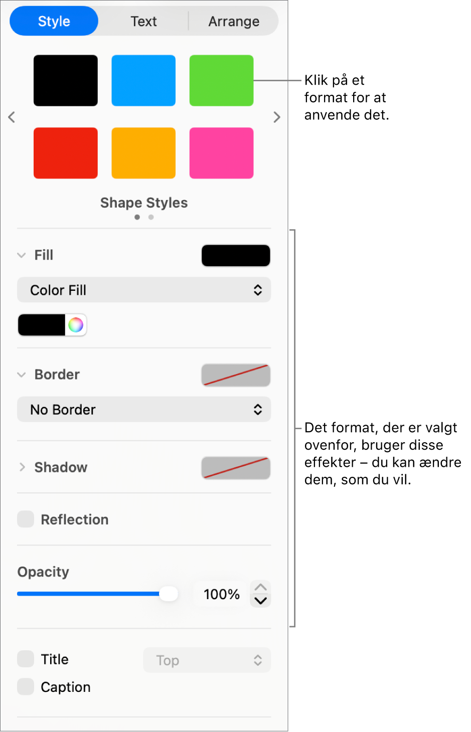Figurformater og muligheder under Format i indholdsoversigten.
