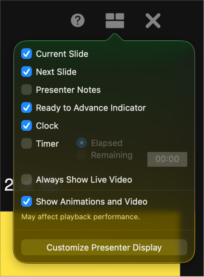 Zu den Optionen für den Moderatormonitor gehören: Aktuelle Folie, Nächste Folie, Moderatornotizen, Anzeige für „Bereit für „Weiter““, Uhr und Timer. Der Timer hat zudem Optionen, um die verstrichene oder verbleibende Zeit anzuzeigen.