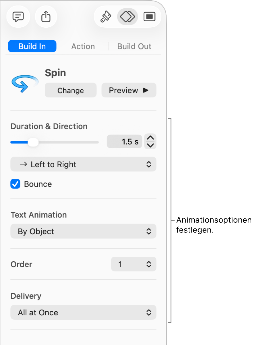 Aufbauoptionen im Bereich für Animationen in der Seitenleiste