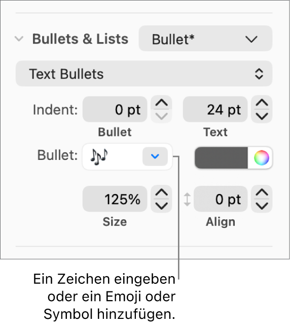 Der Abschnitt „Listen & Punkte“ in der Seitenleiste „Format“ Das Feld „Punkt“ mit einem Blumen-Emoji