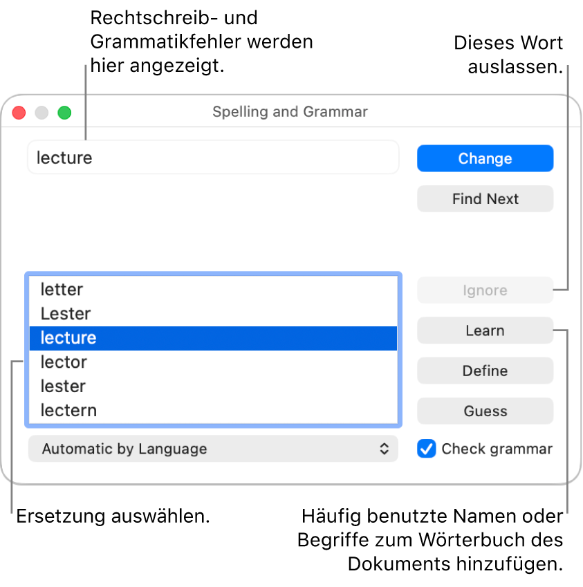 Das Fenster „Rechtschreibung und Grammatik“