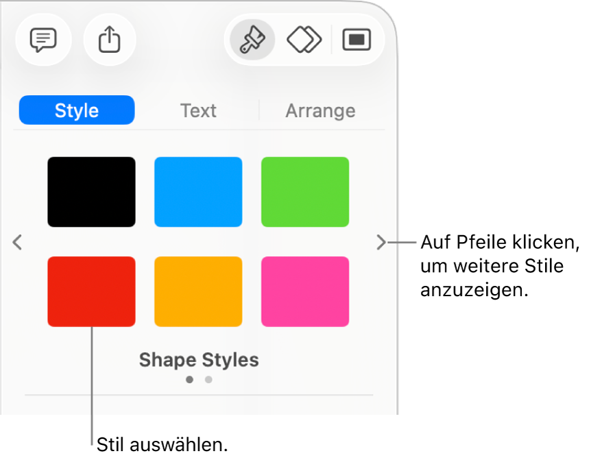 Der Tab „Stil“ der Seitenleiste „Format“ mit sechs Objektstilen und Navigationspfeilen links und rechts daneben.