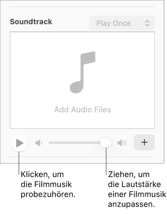 Die Steuerelemente „Soundtrack“ mit der markierten Taste „Wiedergeben“ und dem markierten Lautstärkeregler