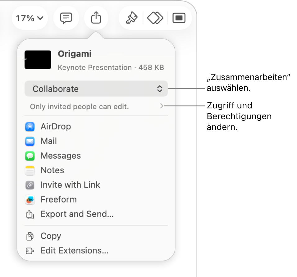 Im Menü „Teilen“ ist „Zusammenarbeiten“ oben ausgewählt und die Einstellungen für Zugriff und Berechtigungen befinden sich darunter.