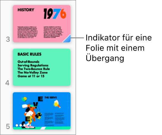 Ein blaues Dreieck auf einer Folie ist das Symbol dafür, dass für die Folie ein Übergang definiert ist