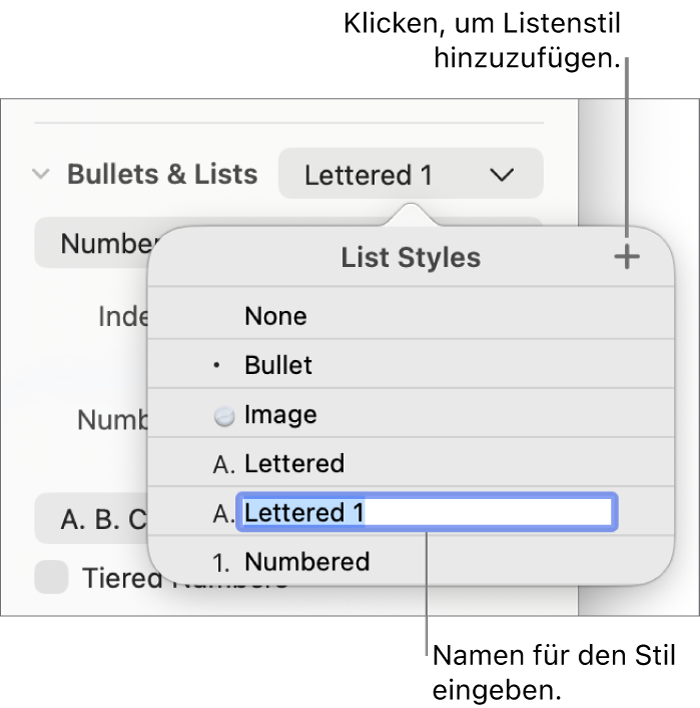 Das Einblendmenü „Listenstile“ mit einer Taste „Hinzufügen“ oben rechts und einem Platzhalter für einen Stilnamen mit ausgewähltem Text