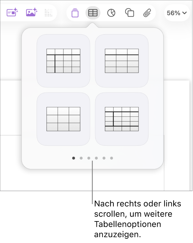 Der Bereich „Tabelle hinzufügen“ mit Navigationspfeilen links und rechts