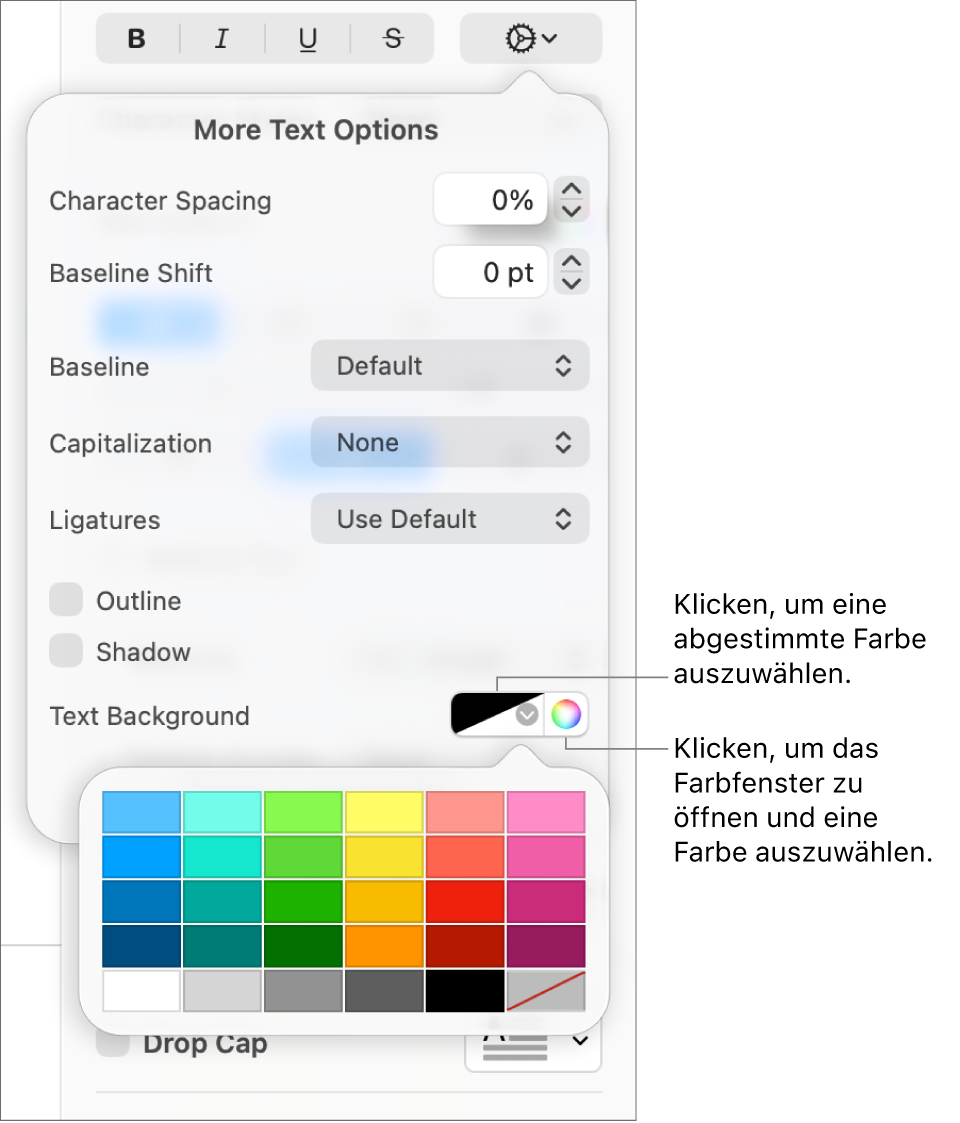 Steuerelemente zur Auswahl einer Hintergrundfarbe für Text.