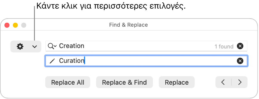 Το παράθυρο «Εύρεση και αντικατάσταση» με επεξήγηση στο αναδυόμενο μενού που εμφανίζει περισσότερες επιλογές.