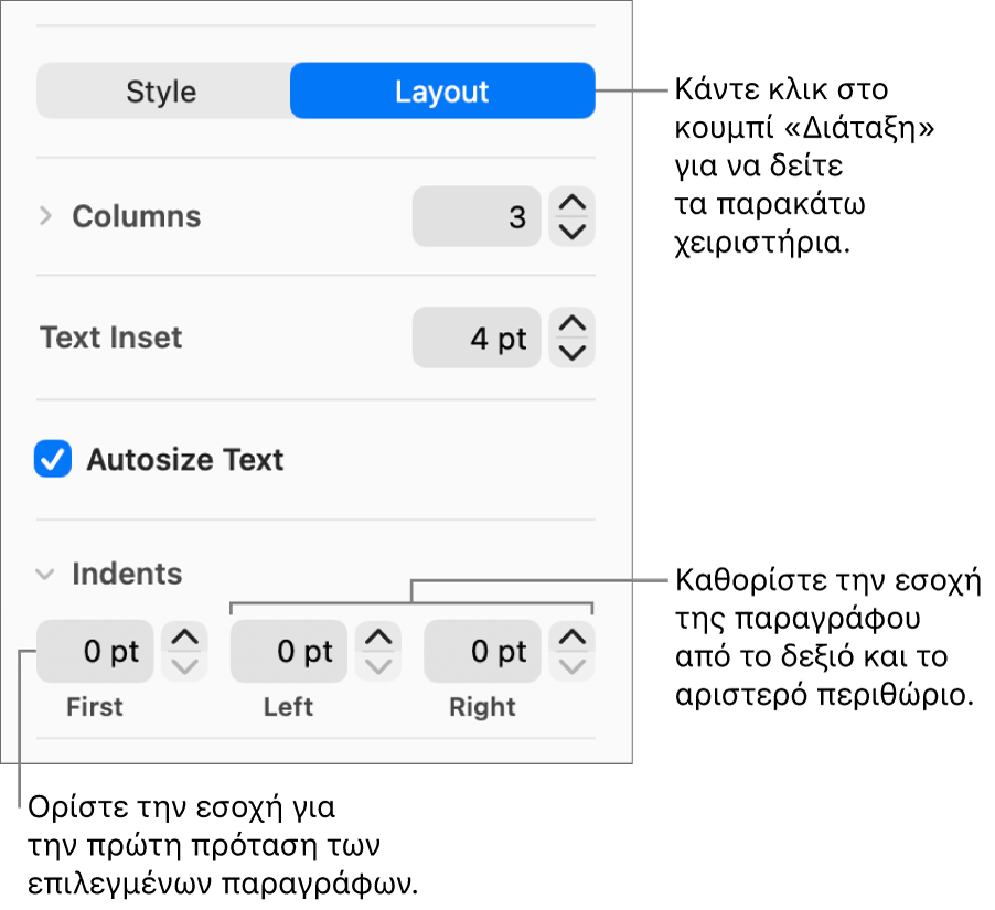 Η ενότητα «Διάταξη» της πλαϊνής στήλης «Μορφή» που εμφανίζει στοιχεία ελέγχου για τον καθορισμό της εσοχής πρώτης γραμμής και των περιθωρίων παραγράφου.