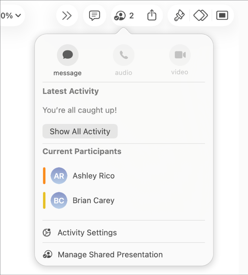 The collaboration menu showing the names of people collaborating on the presentation.