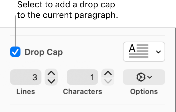 The Drop Cap tick box is selected, and a pop-up menu appears to its right; controls for setting the line height, number of characters, and other options appear below it.
