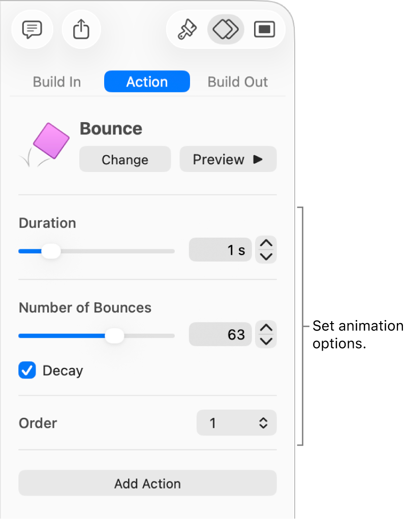 Action controls in the Animate section of the sidebar.