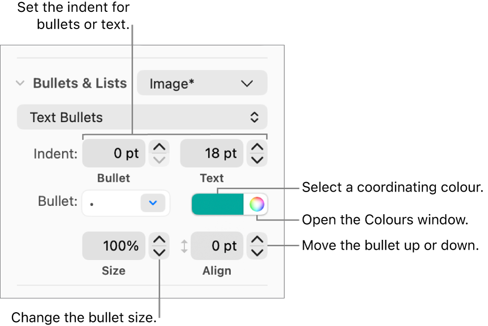 The Bullets and Lists section with a call out to the controls for bullet and text indent, bullet colour, bullet size and alignment.