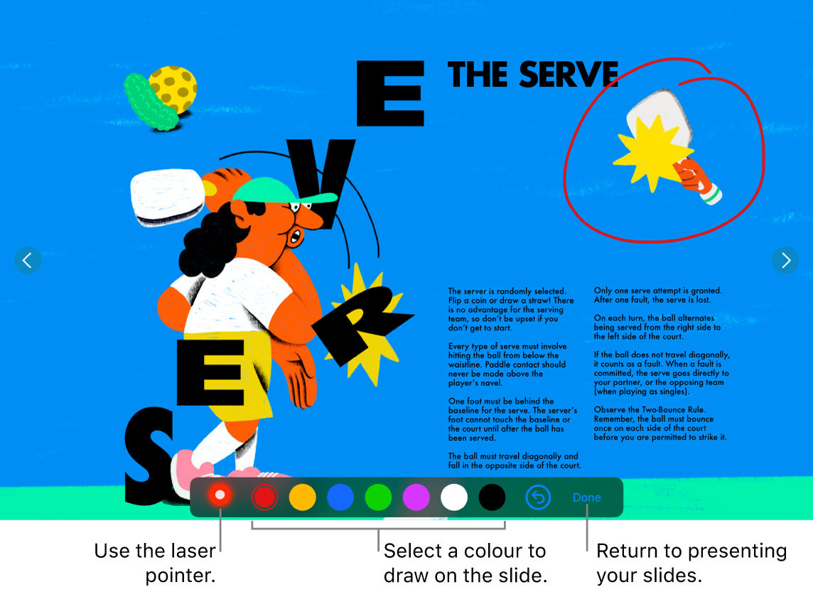 A slide in slide illustration mode showing the laser pointer and colour selection controls.