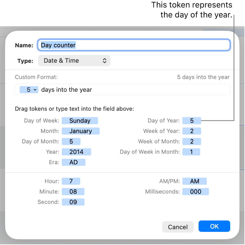 The custom cell format window with controls for creating a custom date and time format.