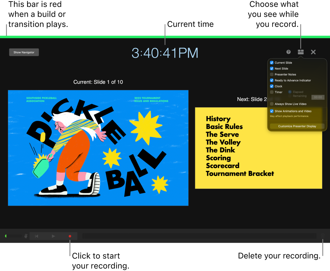 Screenshot of voice recording mode on the presenter display. The current and next slide, the current time and the presenter display controls are visible. The control to start and end the recording and the control to delete the recording appear near the bottom of the display.