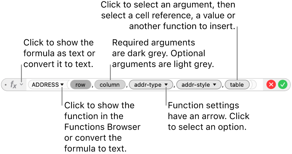 The Formula Editor showing the ADDRESS function and its arguments tokens.