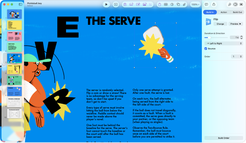 The Keynote window with a dashed line selected on the slide. The Animate sidebar with the Build In animation controls is showing on the right.
