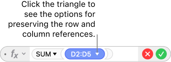 The Formula Editor with a triangle that you click to open options for preserving the row and column references.