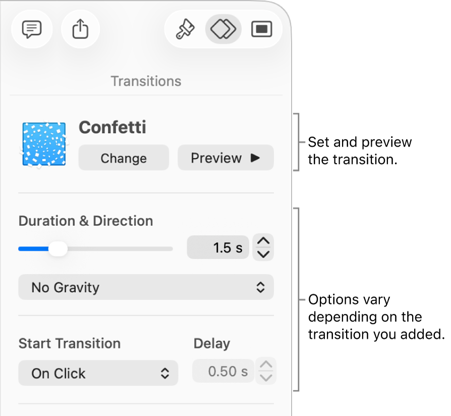 Transition controls in Transitions section of the sidebar.