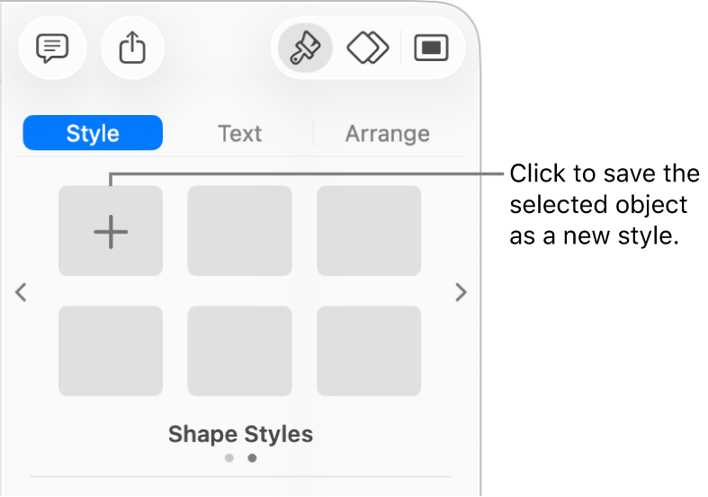 The Style tab of the Format sidebar with one text box style, a Create Style button to the right of it, and four empty style placeholders.