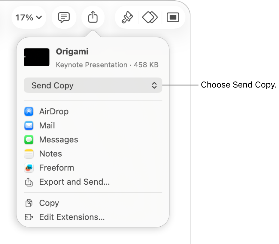 The Share menu with Send Copy selected at the top.