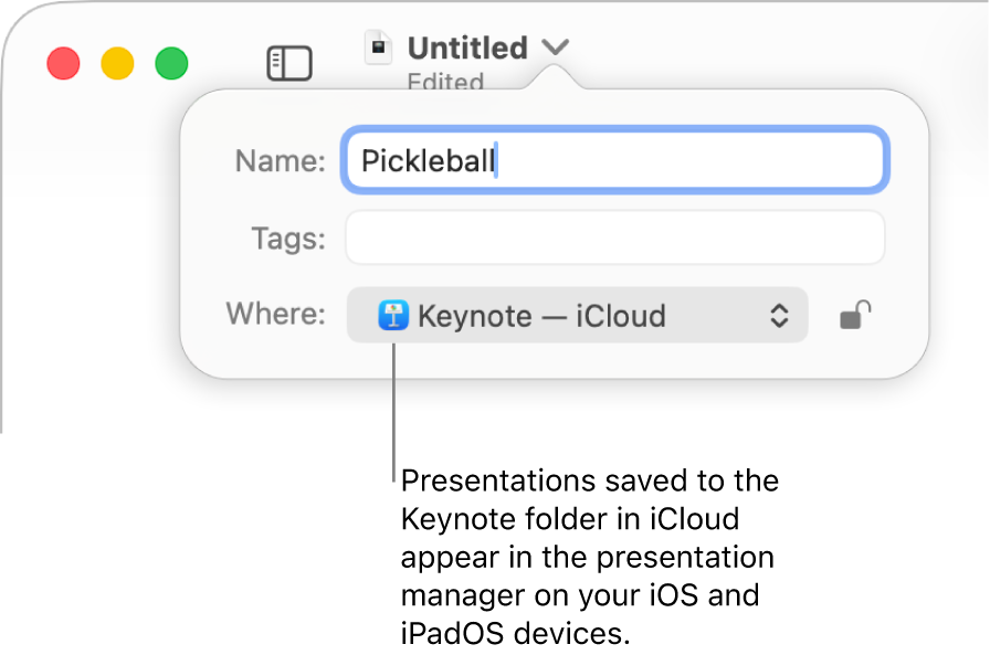 The Save dialogue for a presentation with Keynote — iCloud in the Where pop-up menu.