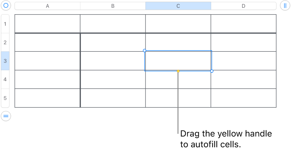 A selected cell with a yellow handle you can drag to autofill cells.