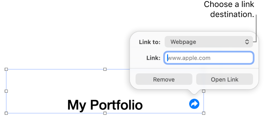 The link editor controls with Web Page selected and the Remove and Open Link buttons at the bottom.