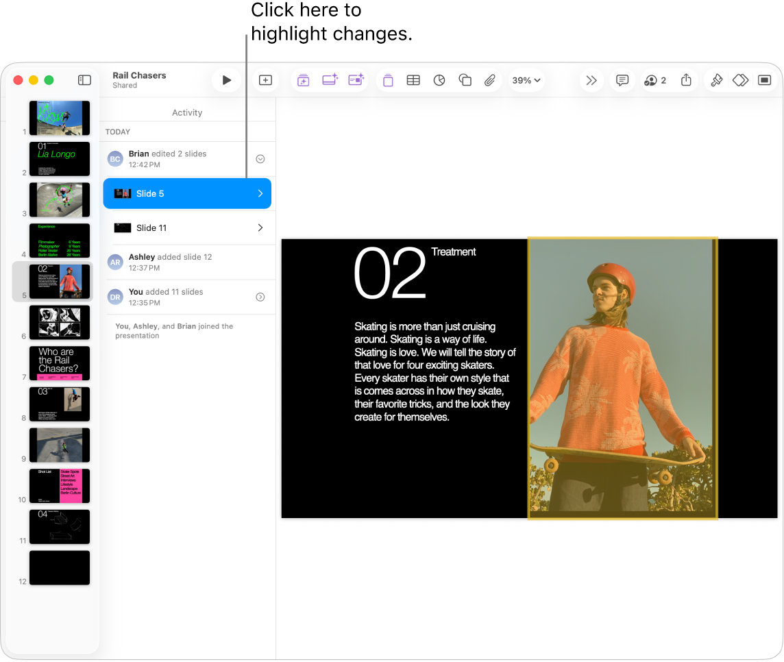 A collaborative presentation with the collaboration menu and activity list both open.