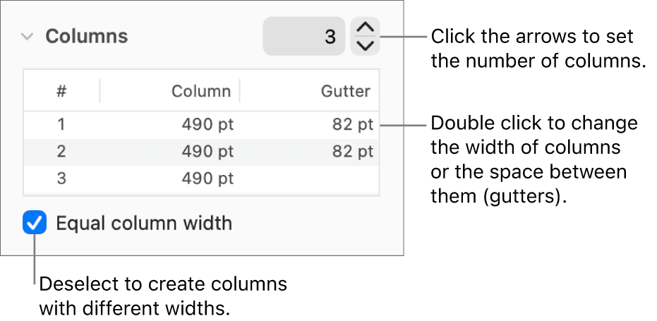 Controls in the columns section for changing the number of columns and the width of each column.