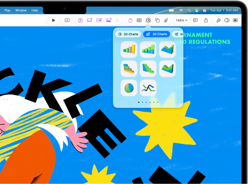 The toolbar with buttons to add tables, charts, text boxes, shapes and media. Chart is selected and shows buttons for 2D, 3D and Interactive charts. 3D is selected and chart options are shown below.