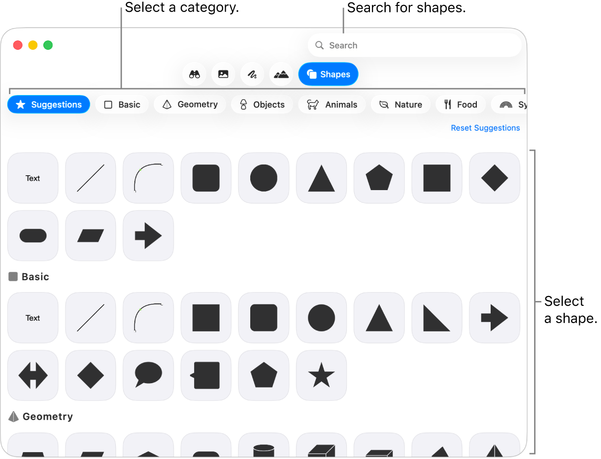 The shapes library, with categories listed on the left and shapes displayed on the right. You can use the search field at the top to find shapes and scroll to see more.
