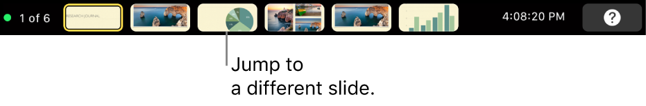 The MacBook Pro Touch Bar with presentation controls for exiting the presentation, jumping to different slides and switching the presenter display.