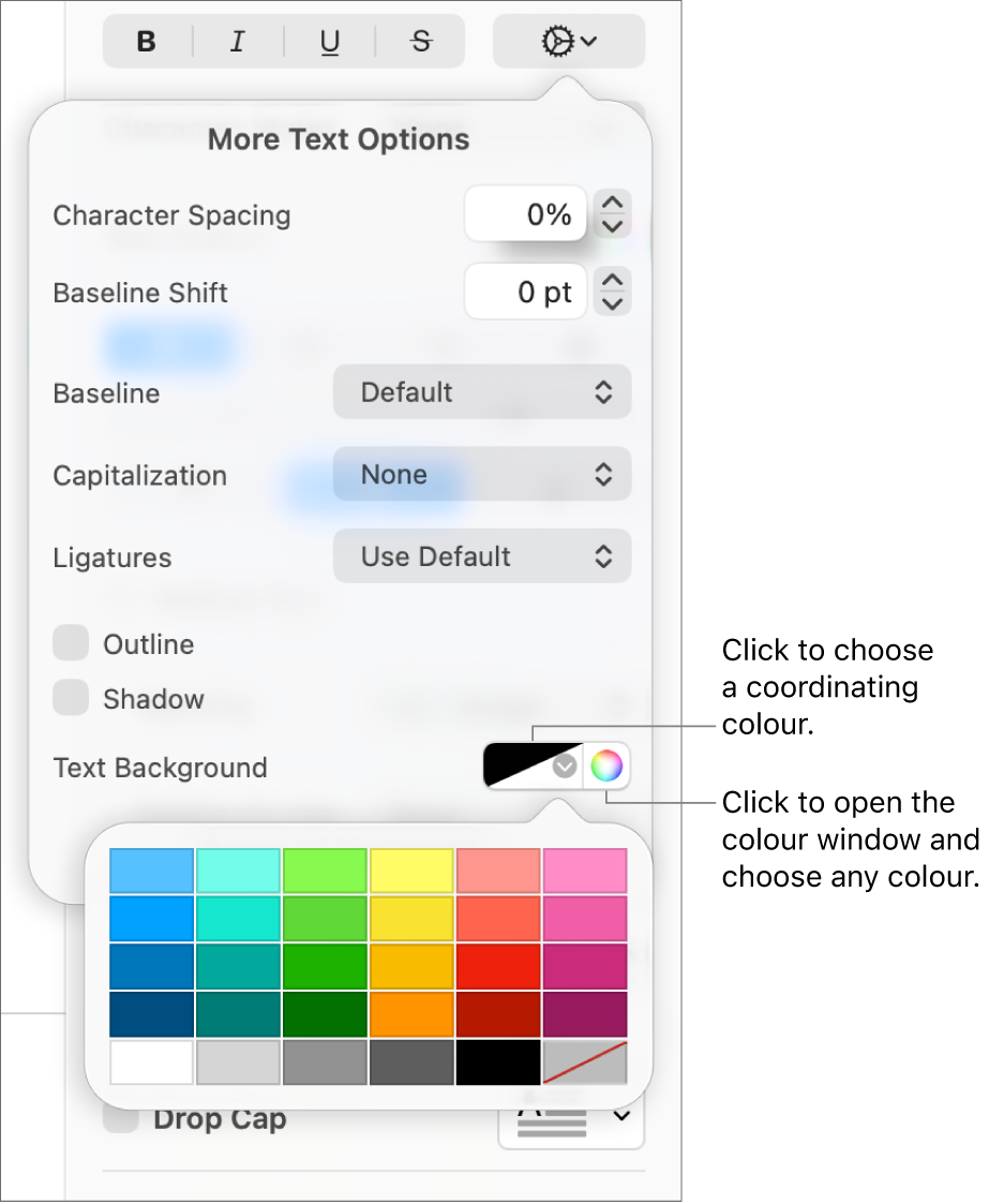 Controls for choosing a background colour for text.
