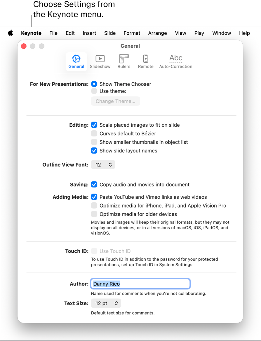 The Keynote settings window open to the General pane.