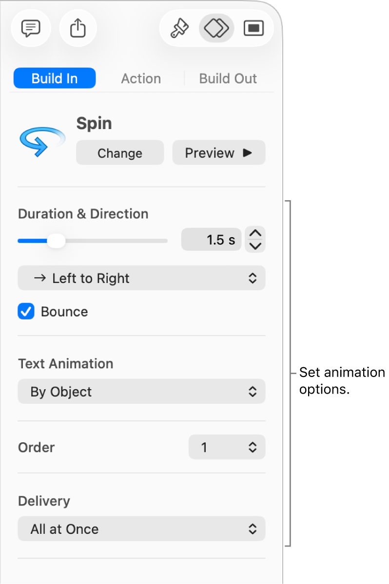 Build In options in the Animate section of the sidebar.