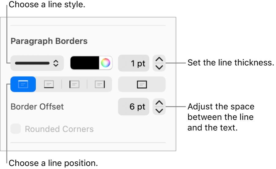 Controls to change the line style, thickness, position, and color.