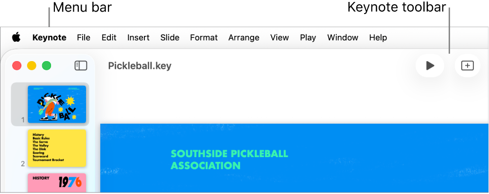The menu bar at the top of the screen with Apple, Keynote, File, Edit, Insert, Format, Arrange, View, Play, Share, Window, and Help menus. Below the menu bar is an open Keynote presentation with toolbar buttons across the top for View, Zoom, Add Slide, Play, Table, Chart, Text, Shape, and Media.
