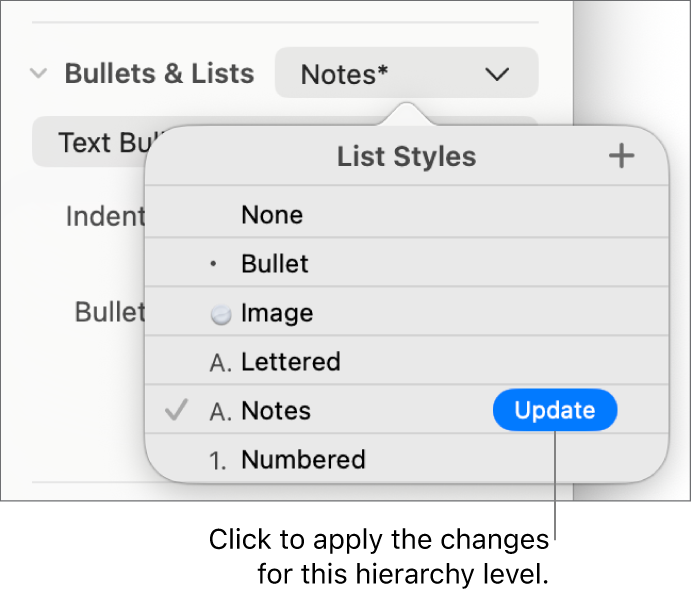The List Styles pop-up menu with an Update button next to the name of the new style.