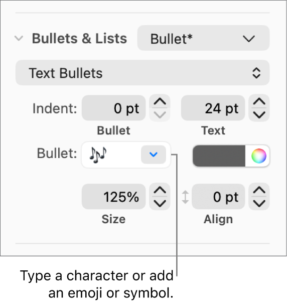 The Bullets & Lists section of the Format sidebar. The Bullet field shows a flower emoji.